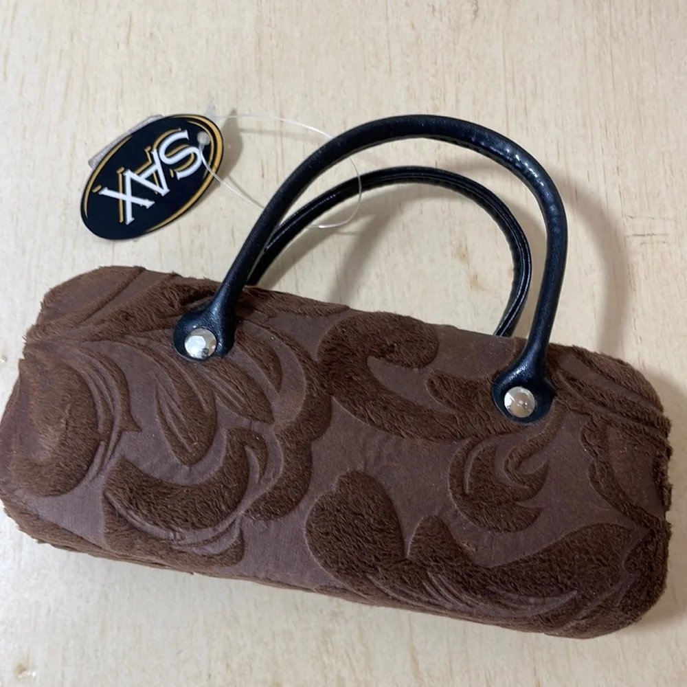 Sax Brown Velvet Paisley Covered Hard Clamshell Glasses Case w/Handles